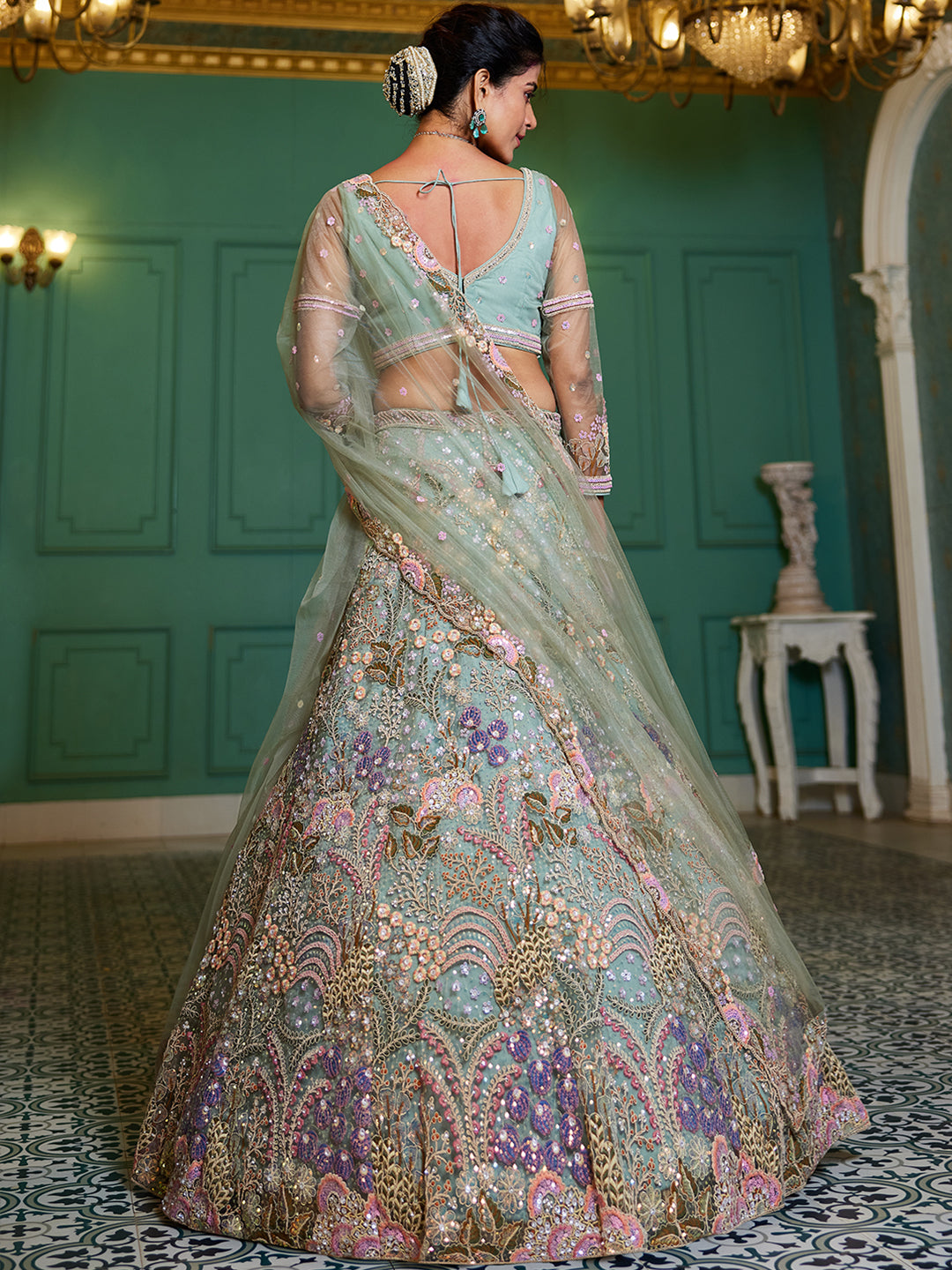 Lime Green net with Coding & Zarkan embroidery Lehenga choli & Dupatta