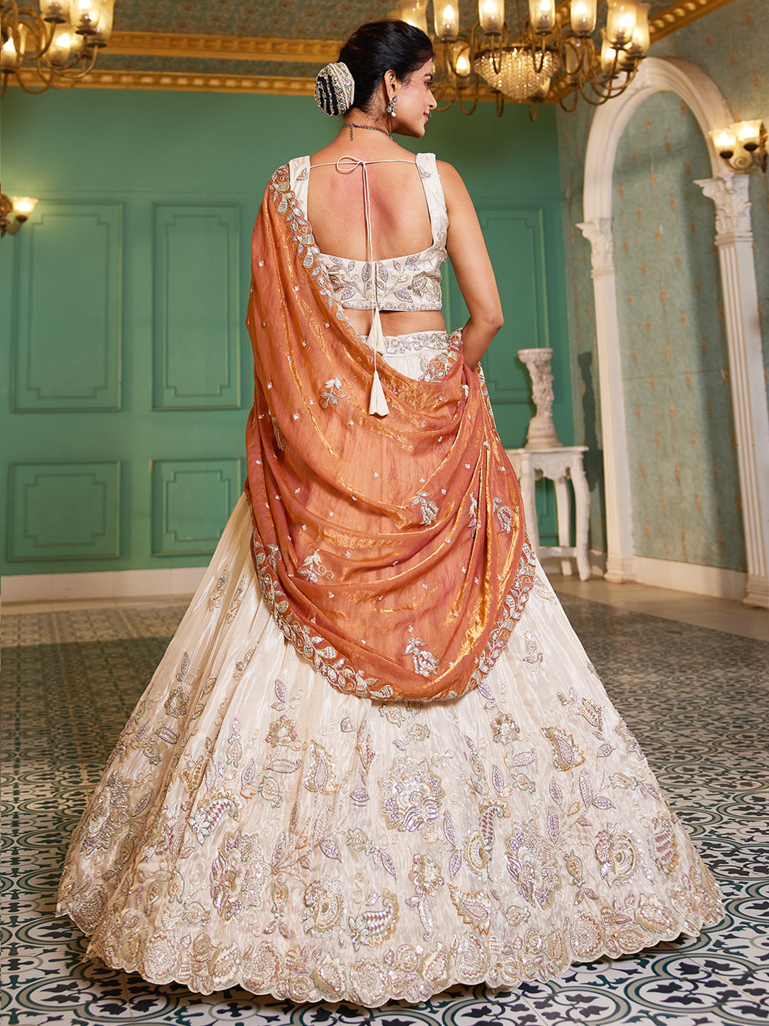 Women's Cream colour tissue Fabric with Sequinse & Thread embroidery Lehenga choli & Dupatta