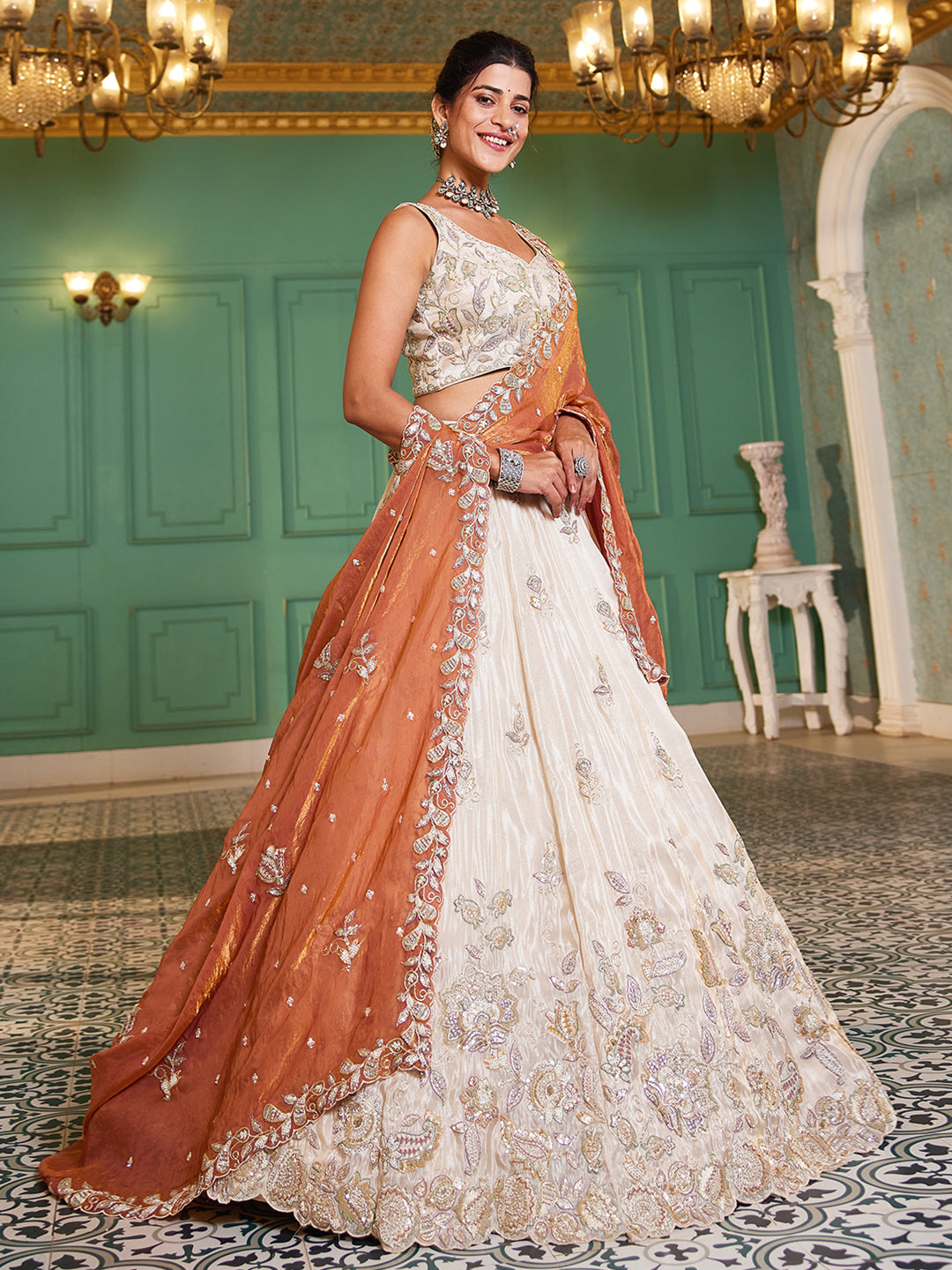 Women's Cream colour tissue Fabric with Sequinse & Thread embroidery Lehenga choli & Dupatta