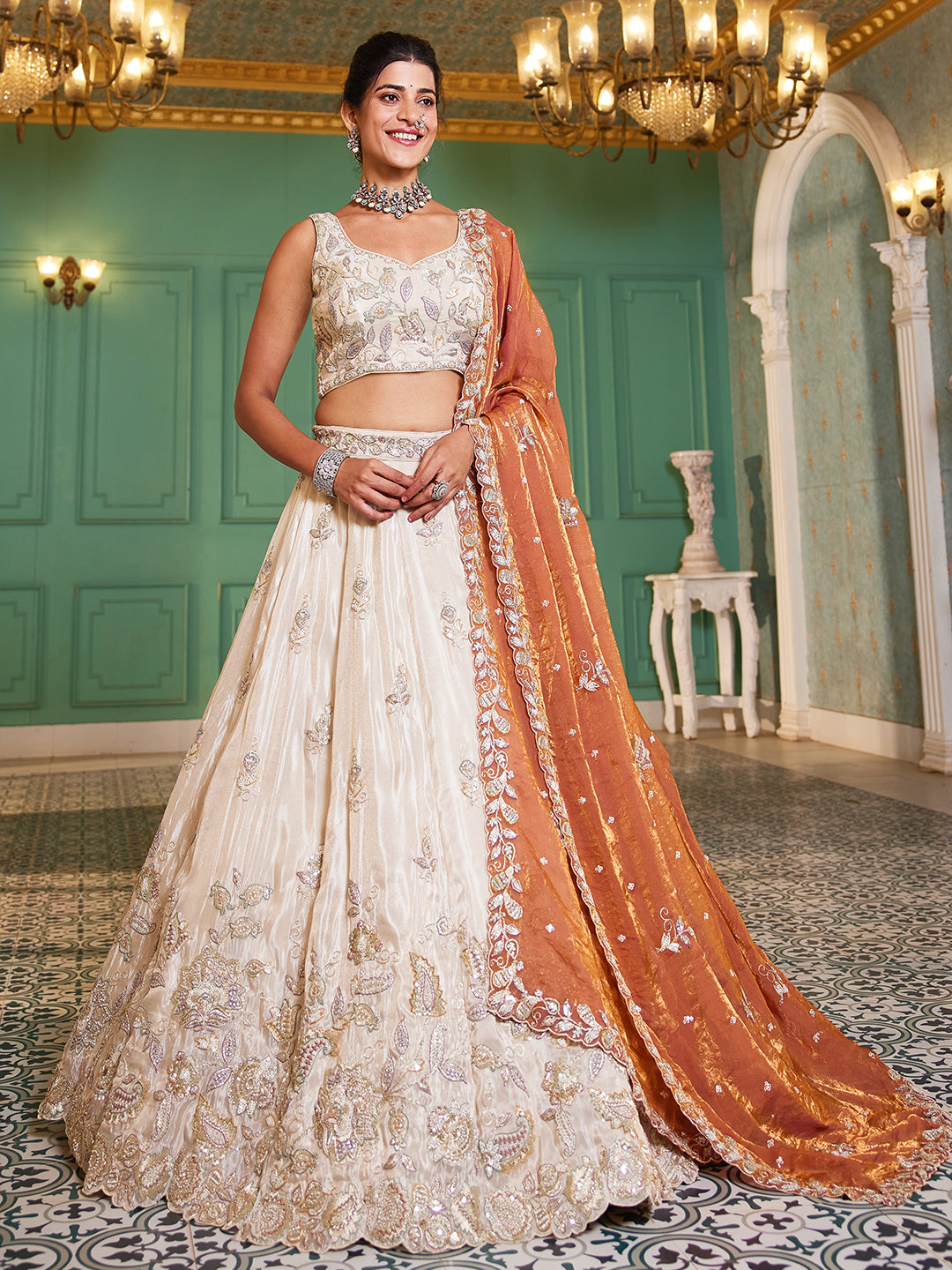 Women's Cream colour tissue Fabric with Sequinse & Thread embroidery Lehenga choli & Dupatta