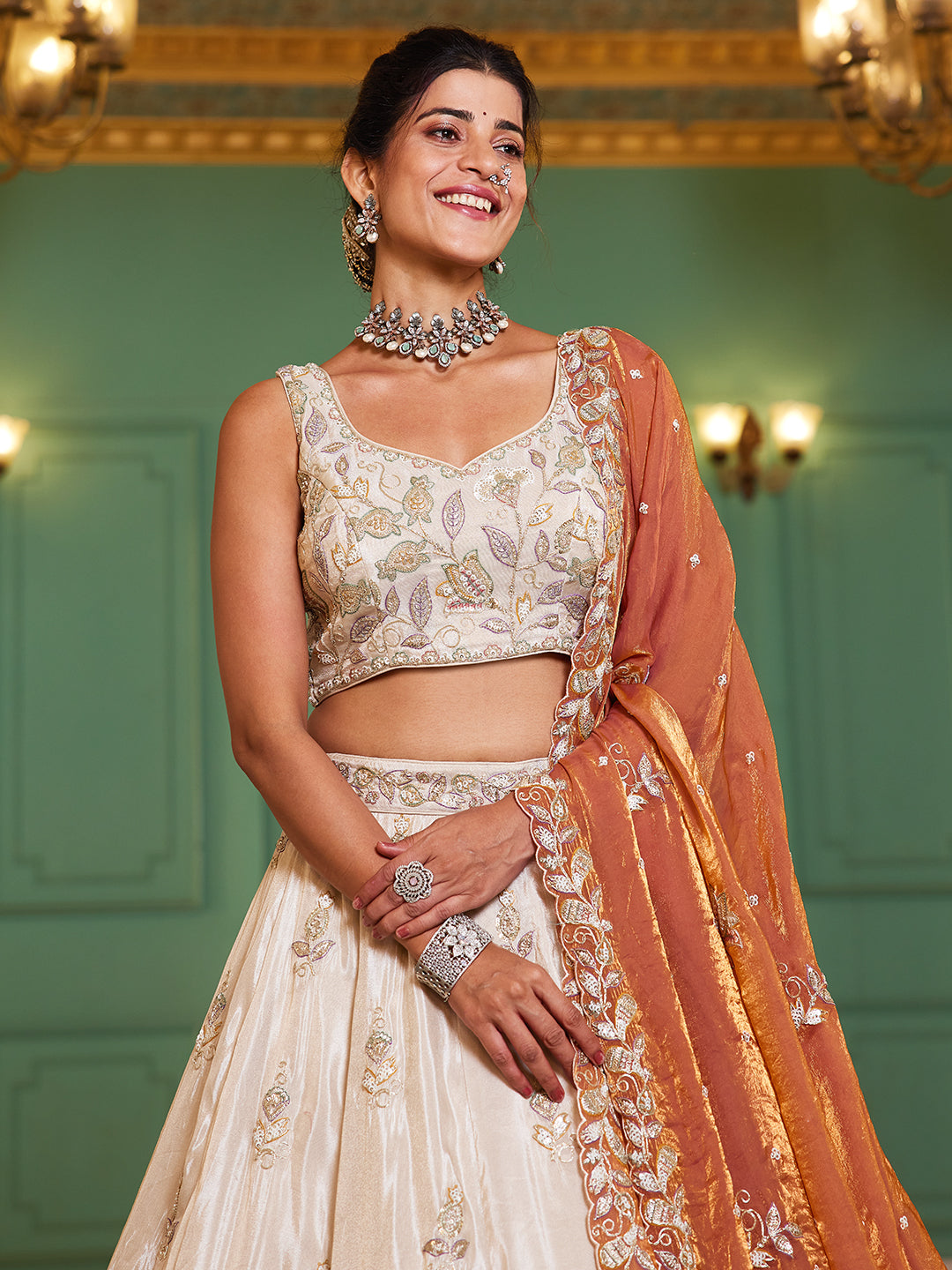 Women's Cream colour tissue Fabric with Sequinse & Thread embroidery Lehenga choli & Dupatta
