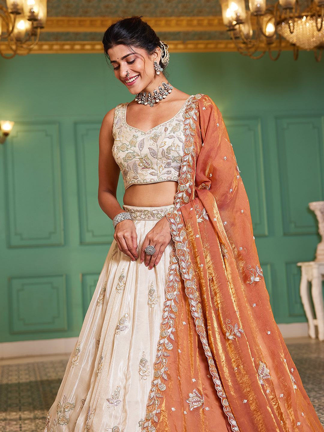Women's Cream colour tissue Fabric with Sequinse & Thread embroidery Lehenga choli & Dupatta