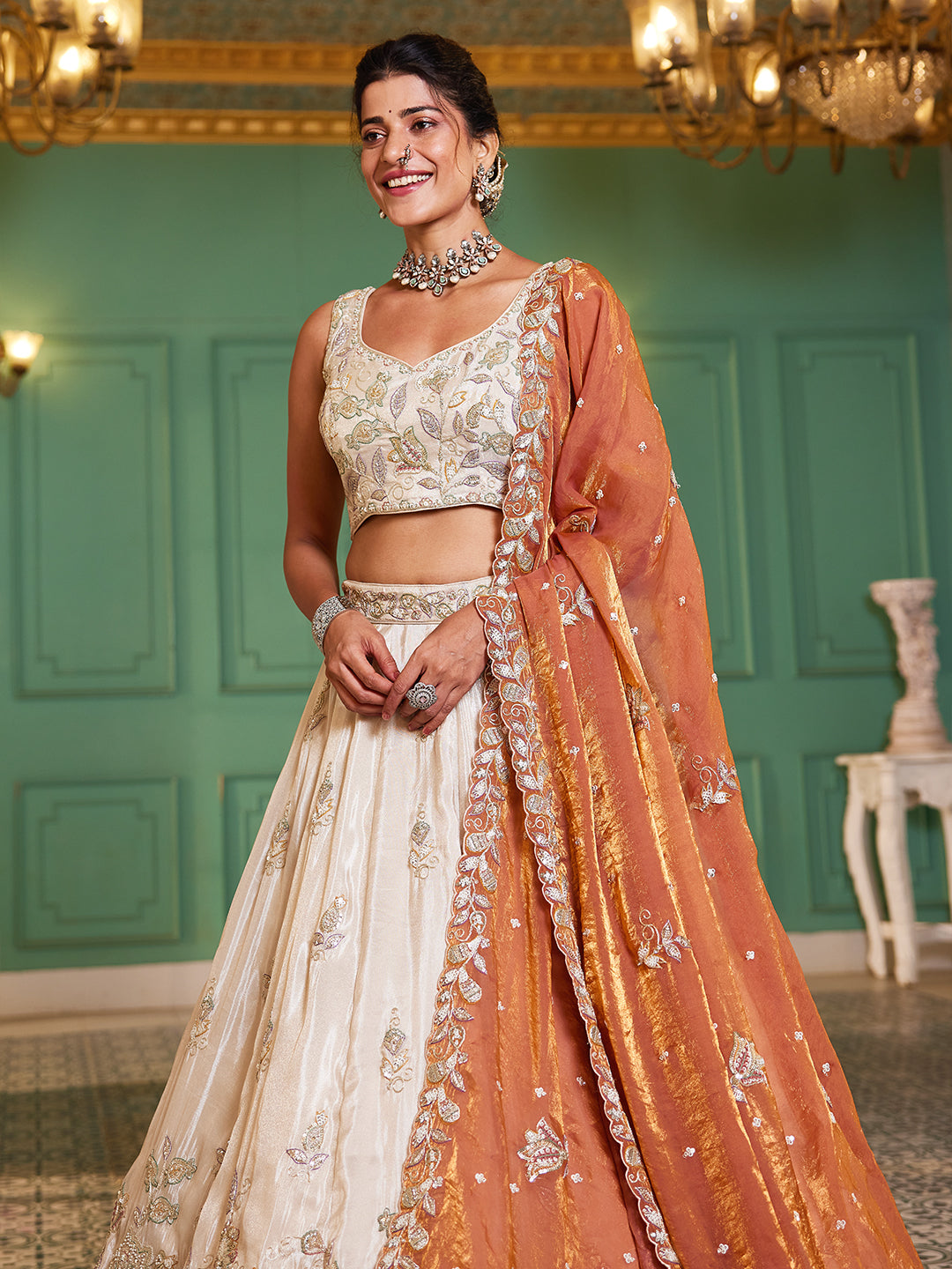 Women's Cream colour tissue Fabric with Sequinse & Thread embroidery Lehenga choli & Dupatta
