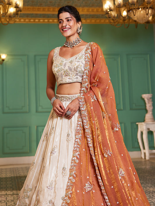 Women's Cream colour tissue Fabric with Sequinse & Thread embroidery Lehenga choli & Dupatta