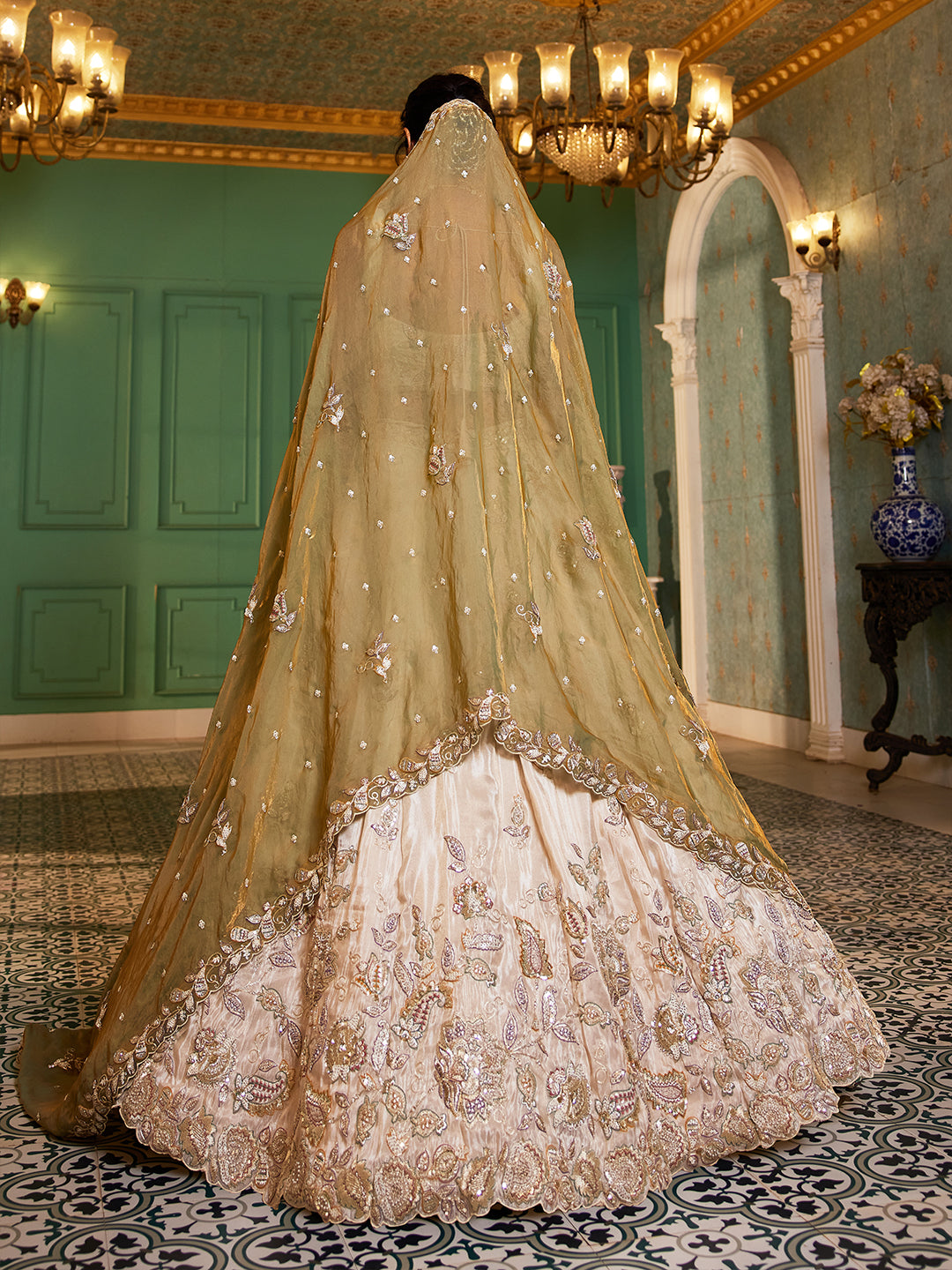 Women's Cream colour tissue Fabric with Sequinse & Thread embroidery Lehenga choli & Dupatta