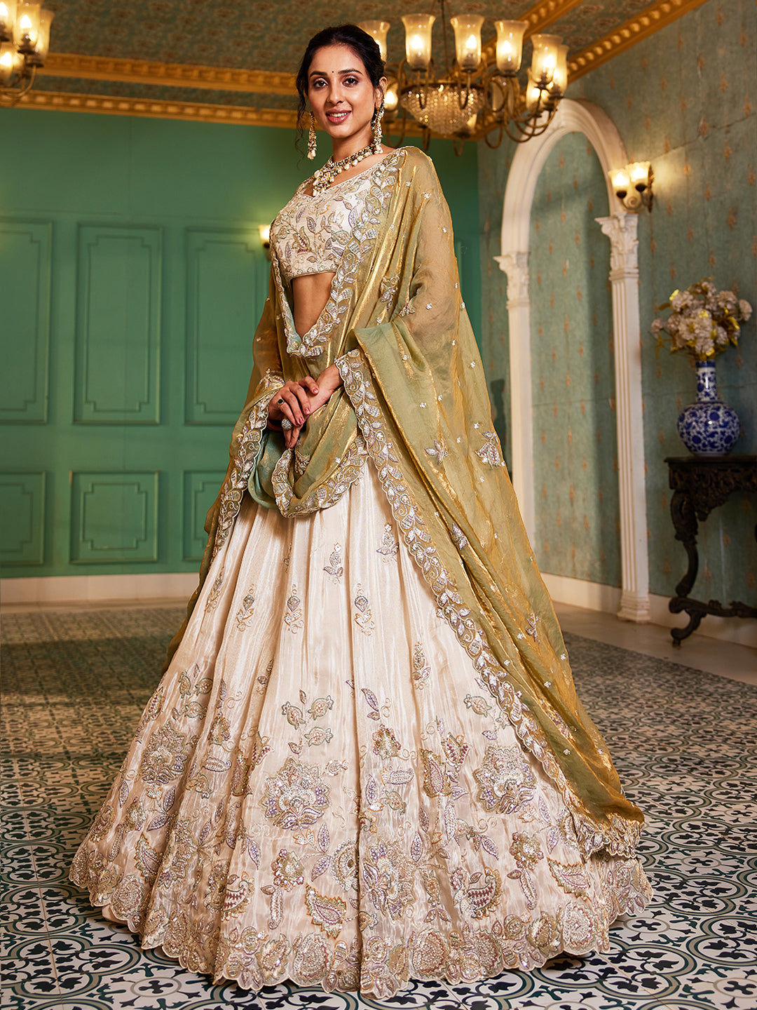 Women's Cream colour tissue Fabric with Sequinse & Thread embroidery Lehenga choli & Dupatta