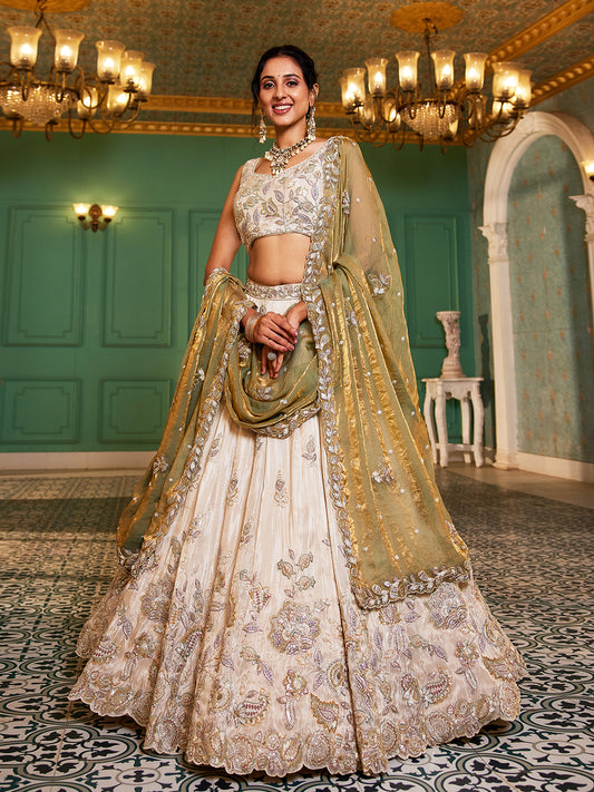 Women's Cream colour tissue Fabric with Sequinse & Thread embroidery Lehenga choli & Dupatta