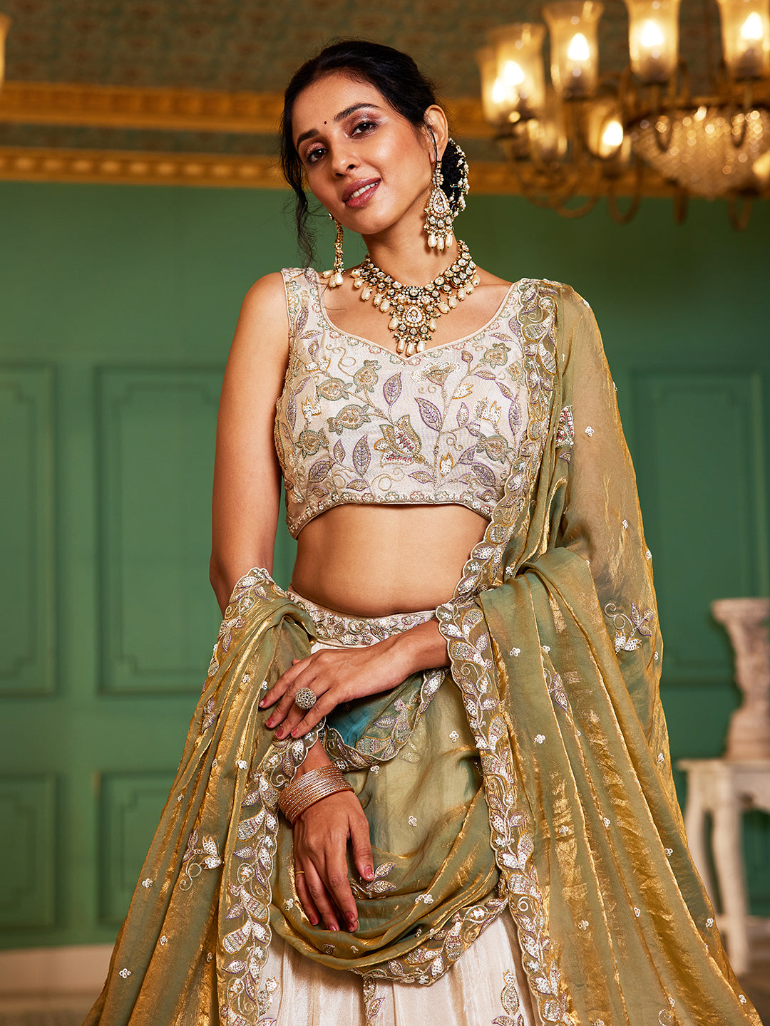 Women's Cream colour tissue Fabric with Sequinse & Thread embroidery Lehenga choli & Dupatta