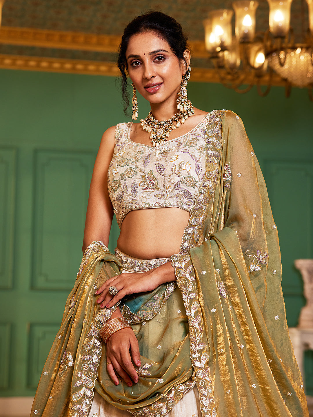 Women's Cream colour tissue Fabric with Sequinse & Thread embroidery Lehenga choli & Dupatta