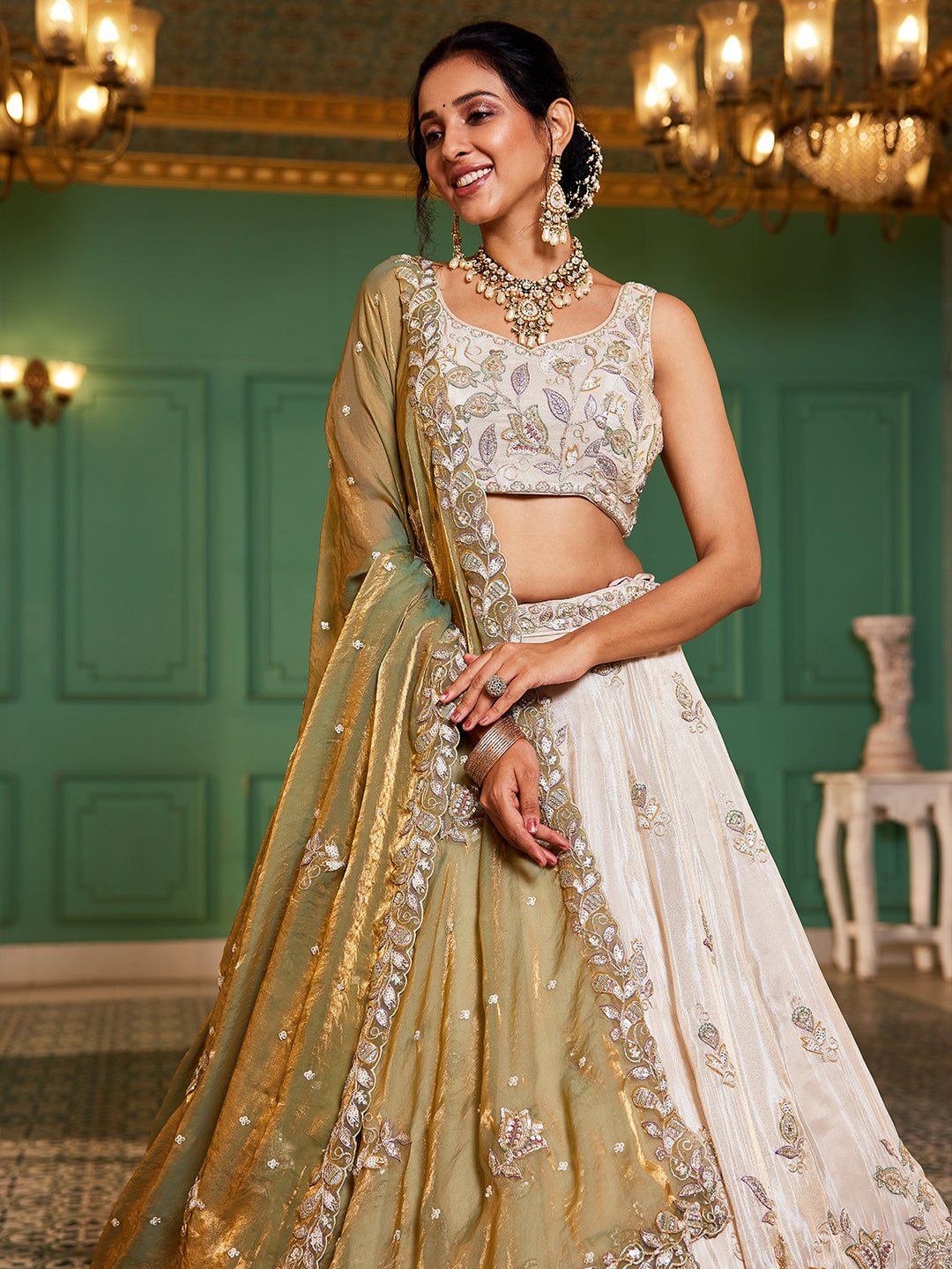 Women's Cream colour tissue Fabric with Sequinse & Thread embroidery Lehenga choli & Dupatta