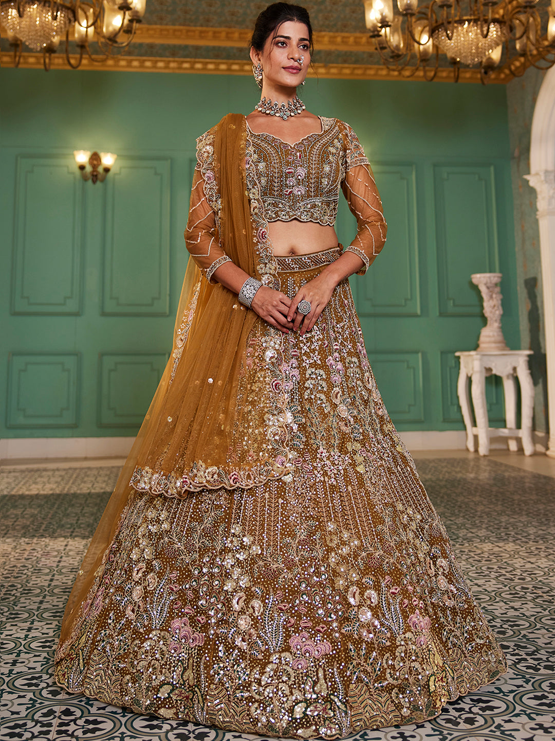 Mustard net and Coding & Zarkan embroidery Lehenga choli & Dupatta