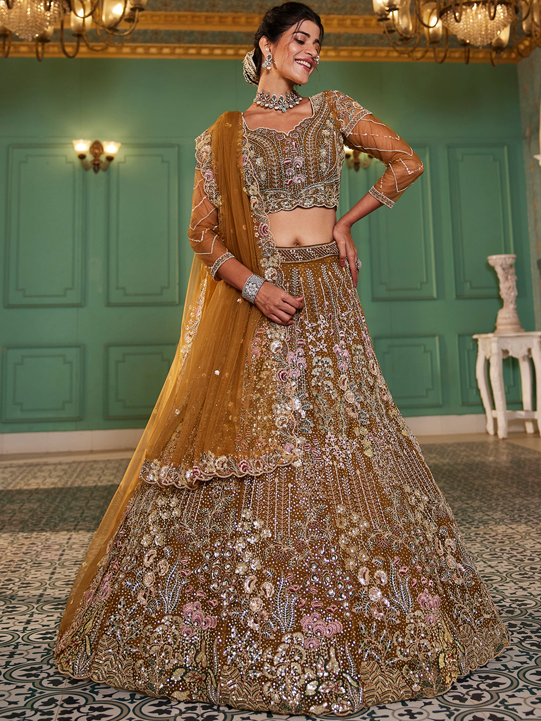 Mustard net and Coding & Zarkan embroidery Lehenga choli & Dupatta