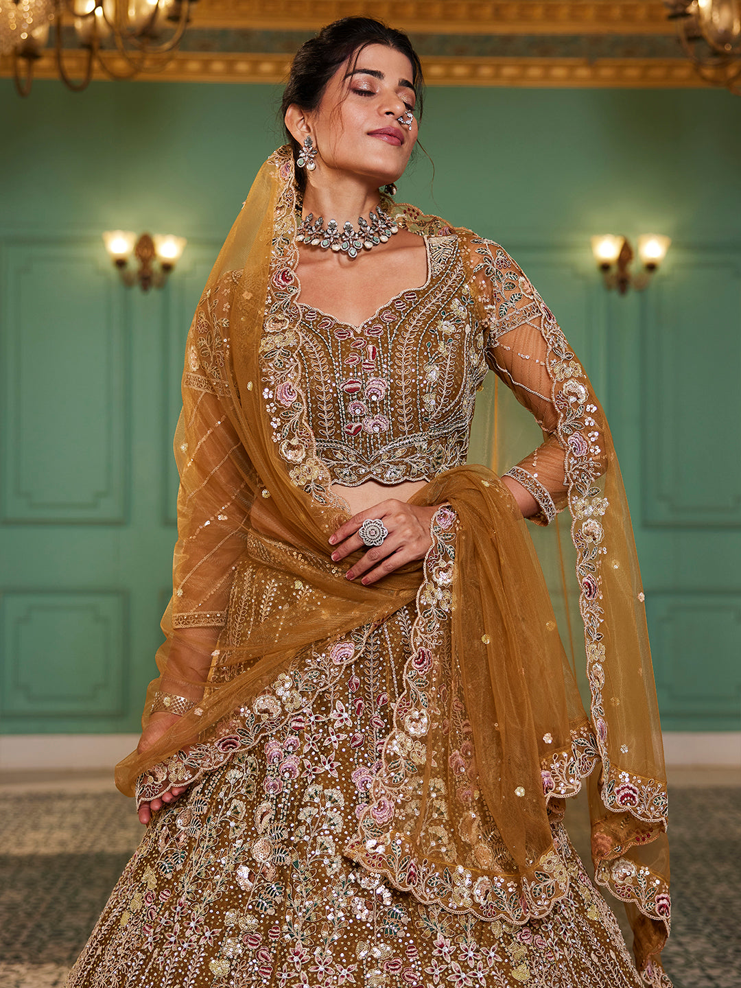 Mustard net and Coding & Zarkan embroidery Lehenga choli & Dupatta