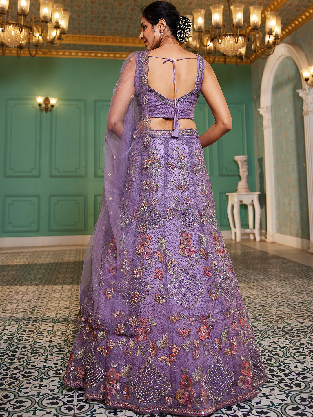 Lavender net with Coding & Zarkan embroidery  Lehenga choli & Dupatta