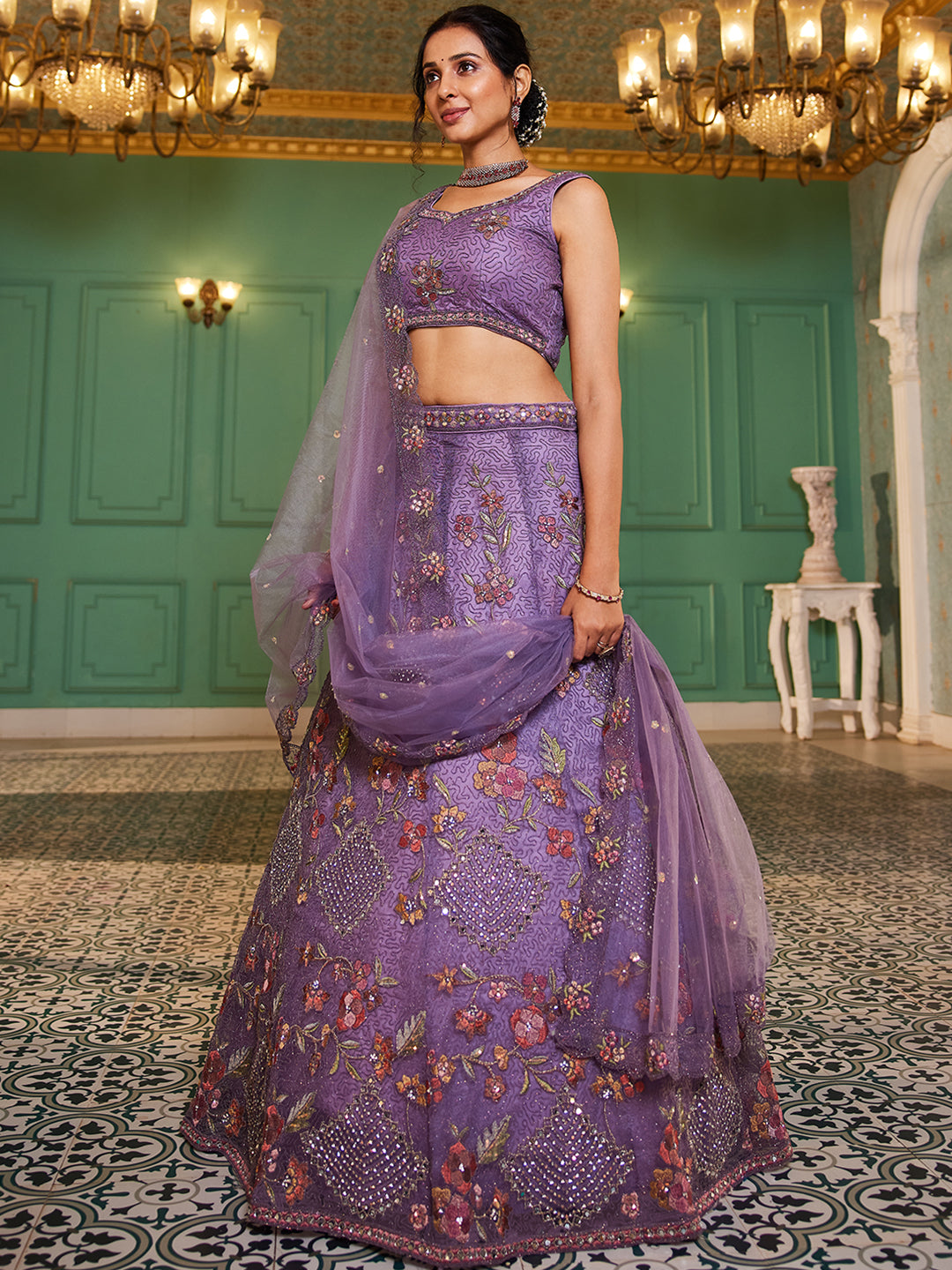 Lavender net with Coding & Zarkan embroidery  Lehenga choli & Dupatta
