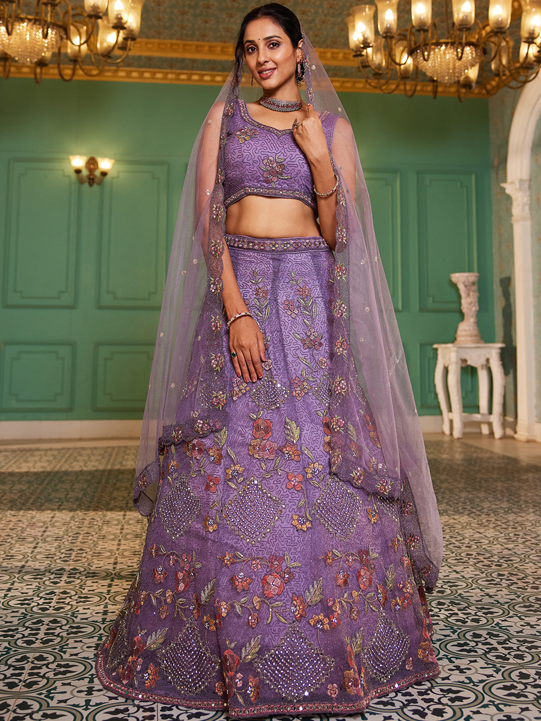 Lavender net with Coding & Zarkan embroidery  Lehenga choli & Dupatta