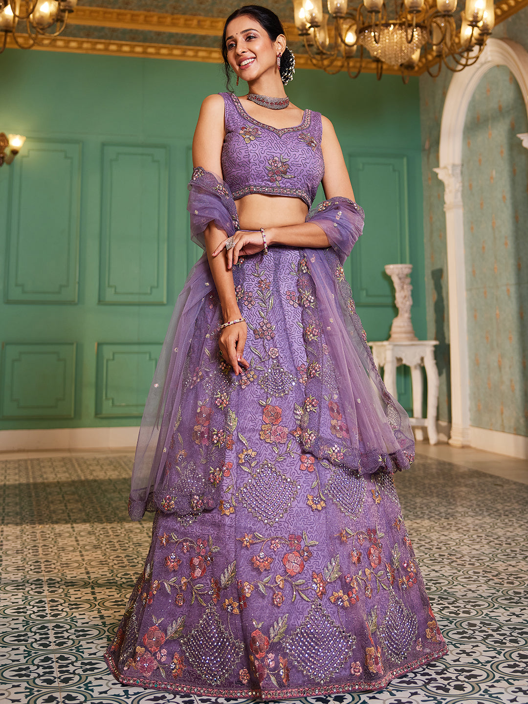 Lavender net with Coding & Zarkan embroidery  Lehenga choli & Dupatta