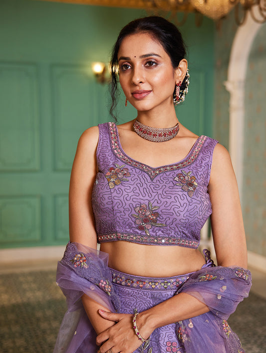 Lavender net with Coding & Zarkan embroidery  Lehenga choli & Dupatta