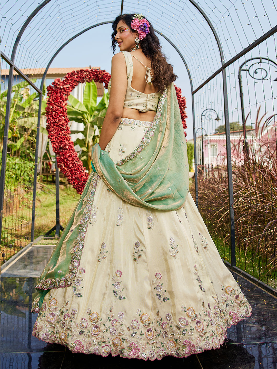 Women's Cream colour tissue Fabric with Sequinse & Thread embroidery Lehenga choli & Dupatta