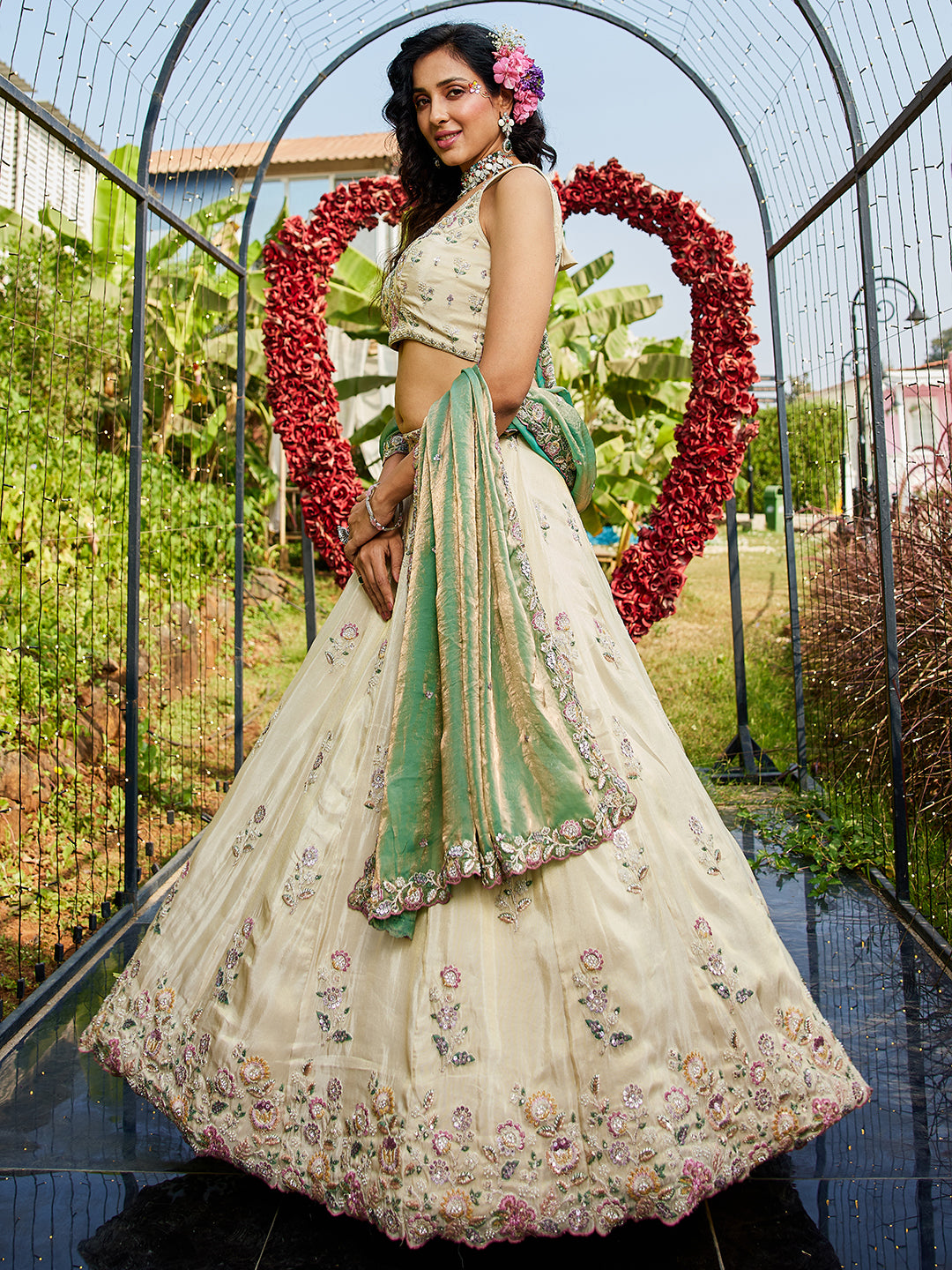 Women's Cream colour tissue Fabric with Sequinse & Thread embroidery Lehenga choli & Dupatta