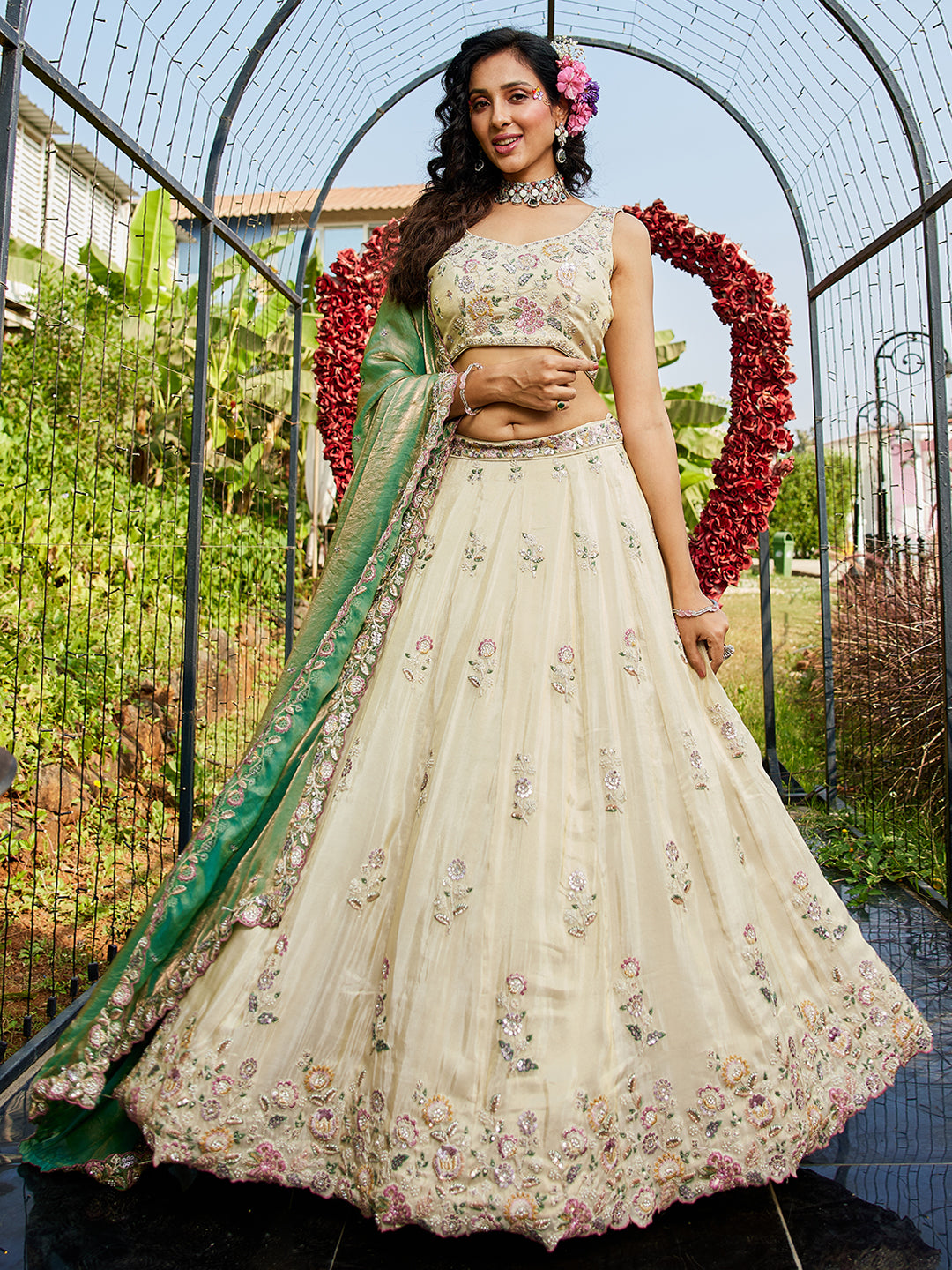 Women's Cream colour tissue Fabric with Sequinse & Thread embroidery Lehenga choli & Dupatta