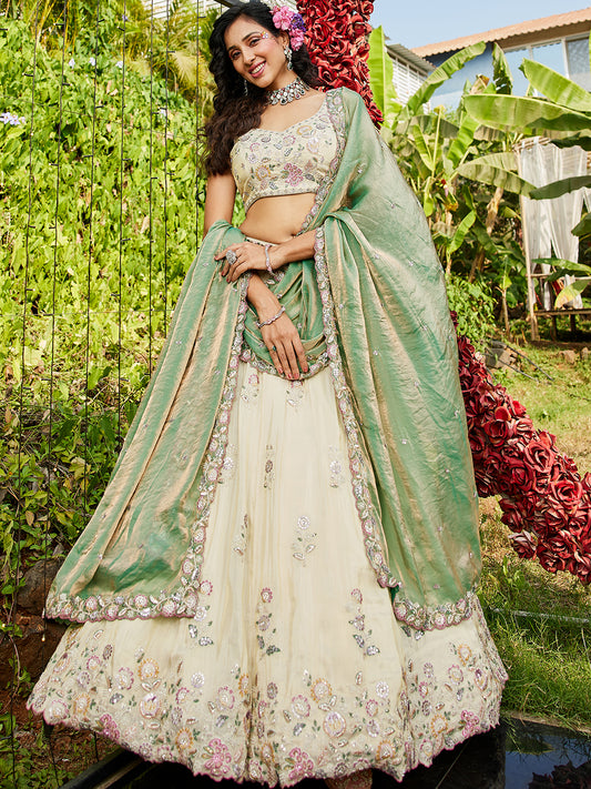 Women's Cream colour tissue Fabric with Sequinse & Thread embroidery Lehenga choli & Dupatta