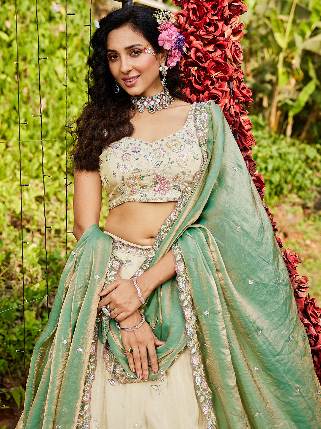 Women's Cream colour tissue Fabric with Sequinse & Thread embroidery Lehenga choli & Dupatta