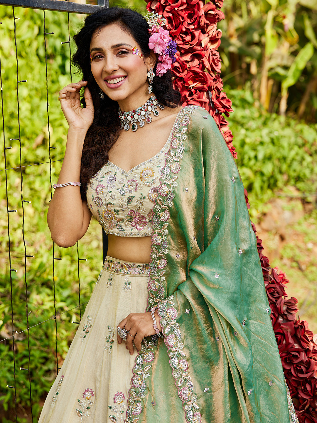 Women's Cream colour tissue Fabric with Sequinse & Thread embroidery Lehenga choli & Dupatta
