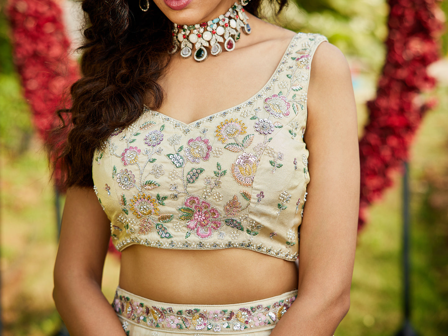 Women's Cream colour tissue Fabric with Sequinse & Thread embroidery Lehenga choli & Dupatta