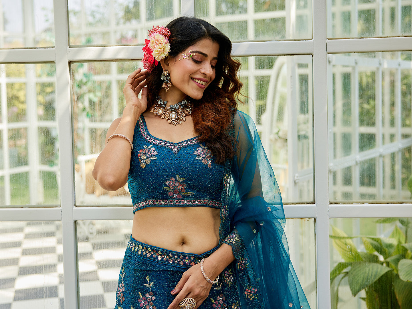 Navy blue net with Coding & Zarkan embroidery Lehenga choli & Dupatta