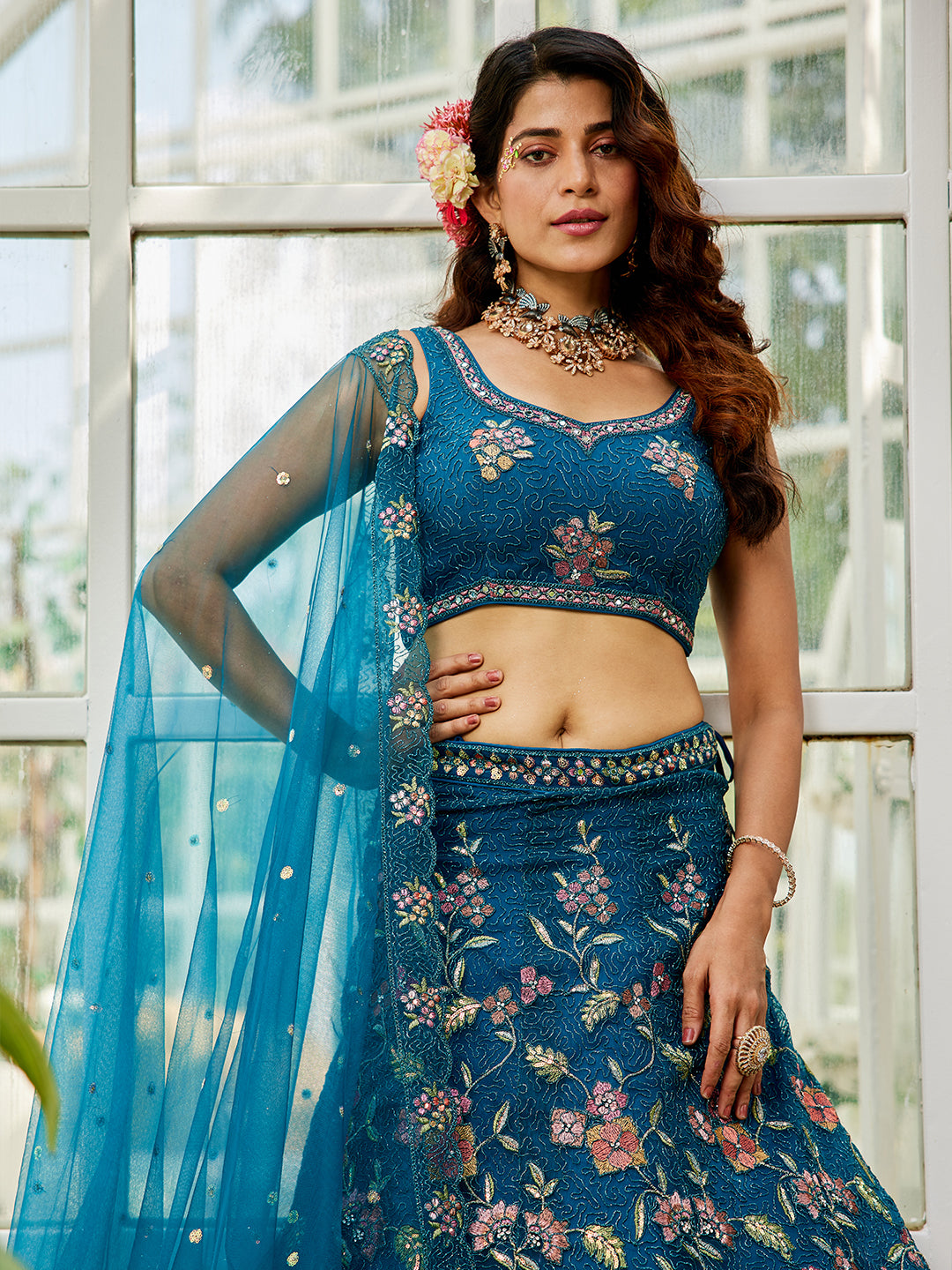 Navy blue net with Coding & Zarkan embroidery Lehenga choli & Dupatta