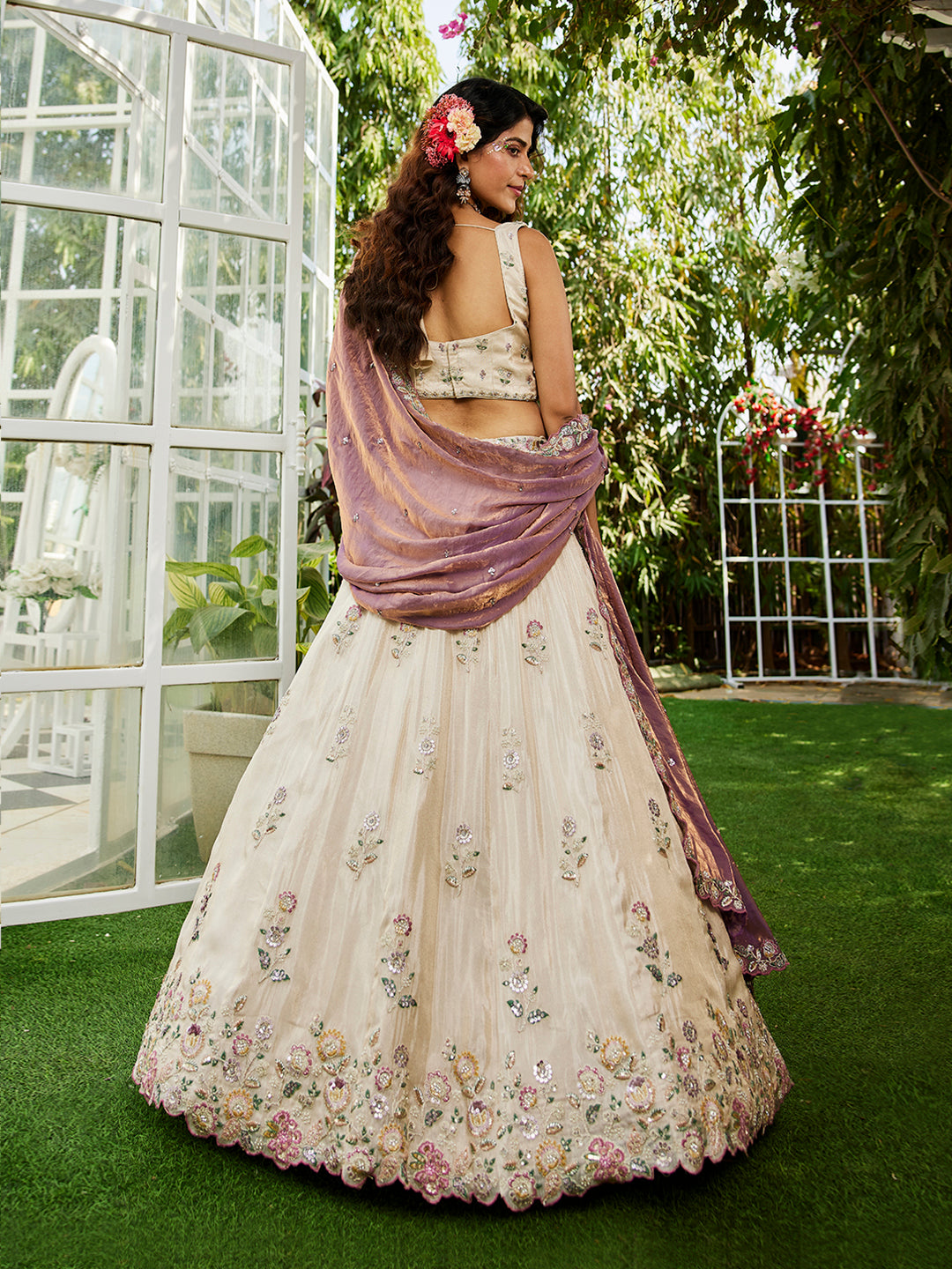 Women's Cream colour tissue Fabric with Sequinse & Thread embroidery Lehenga choli & Dupatta