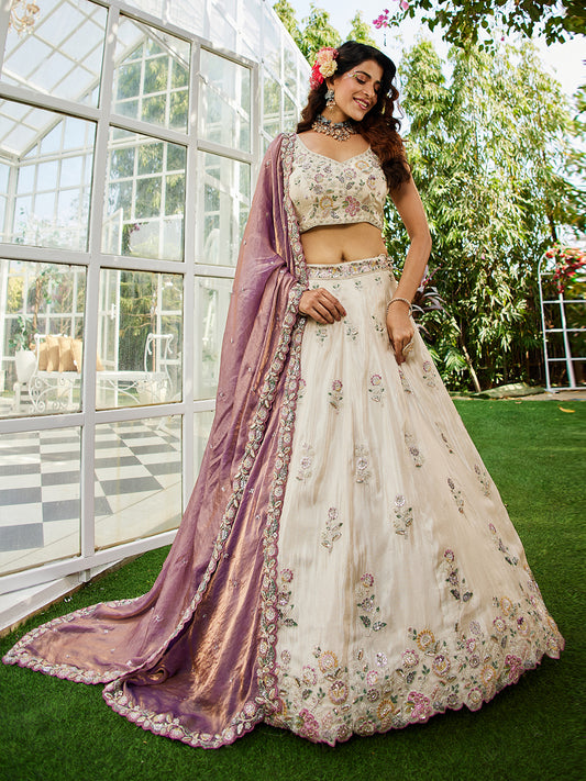 Women's Cream colour tissue Fabric with Sequinse & Thread embroidery Lehenga choli & Dupatta