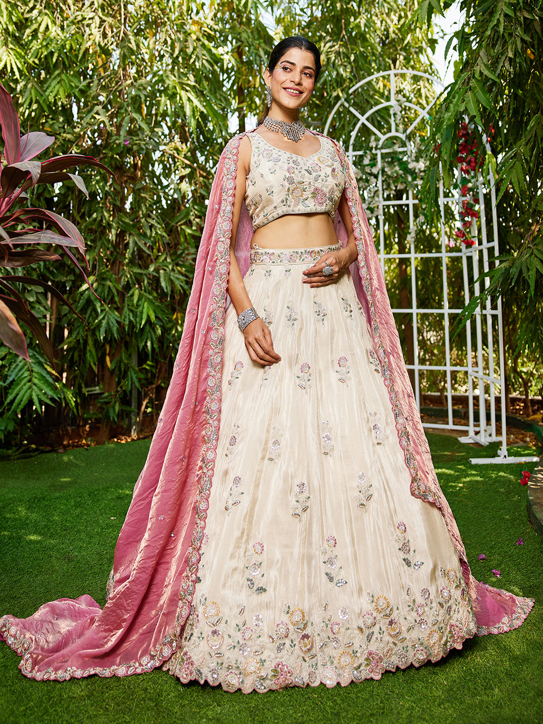 Women's Cream colour tissue Fabric with Sequinse & Thread embroidery Lehenga choli & Dupatta