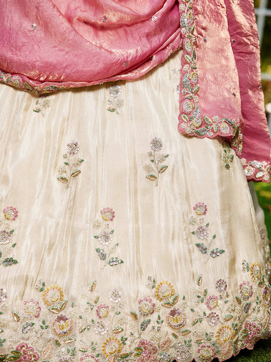 Women's Cream colour tissue Fabric with Sequinse & Thread embroidery Lehenga choli & Dupatta