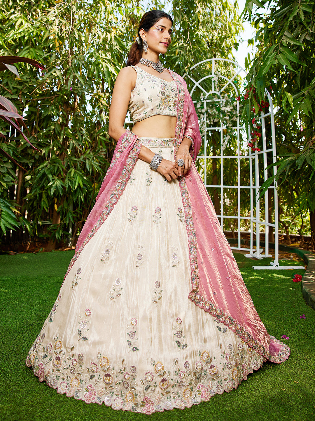Women's Cream colour tissue Fabric with Sequinse & Thread embroidery Lehenga choli & Dupatta