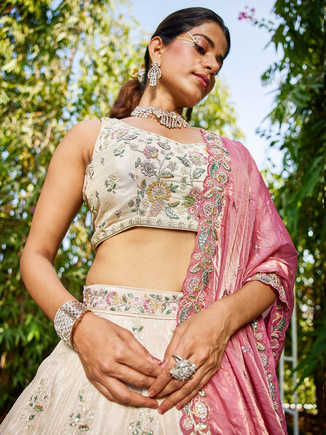 Women's Cream colour tissue Fabric with Sequinse & Thread embroidery Lehenga choli & Dupatta