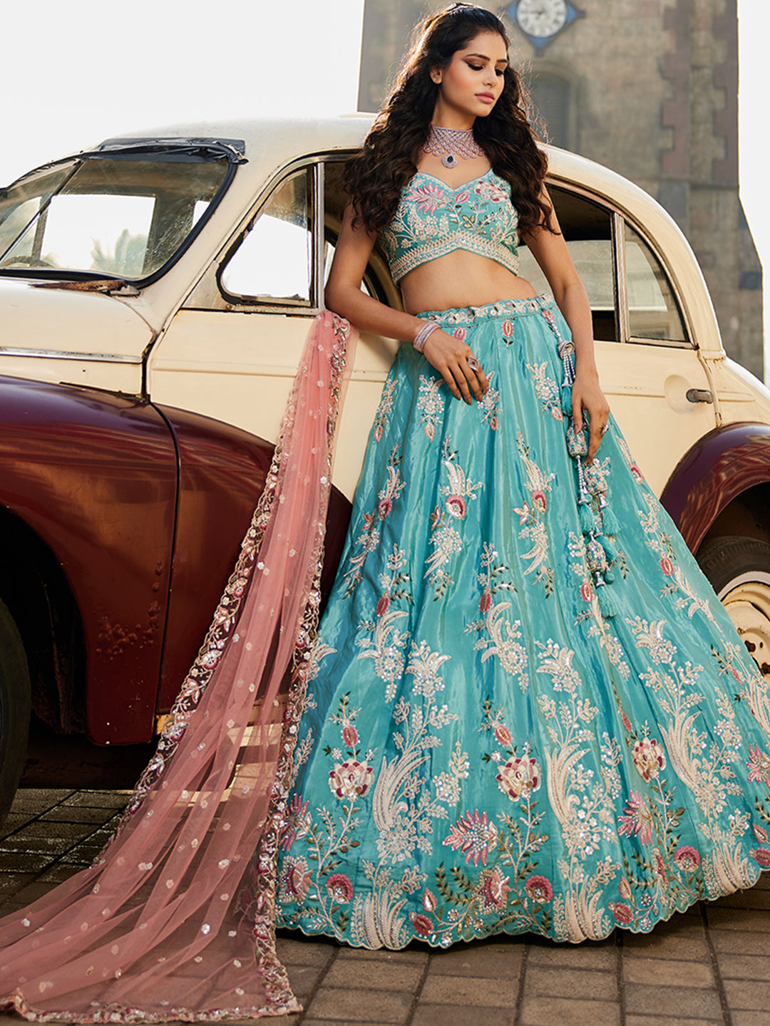 Women's Turquoise blue Satin Silk Sequins embroidery Lehenga choli & Dupatta
