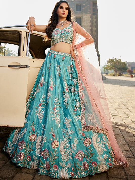 Women's Turquoise blue Satin Silk Sequins embroidery Lehenga choli & Dupatta