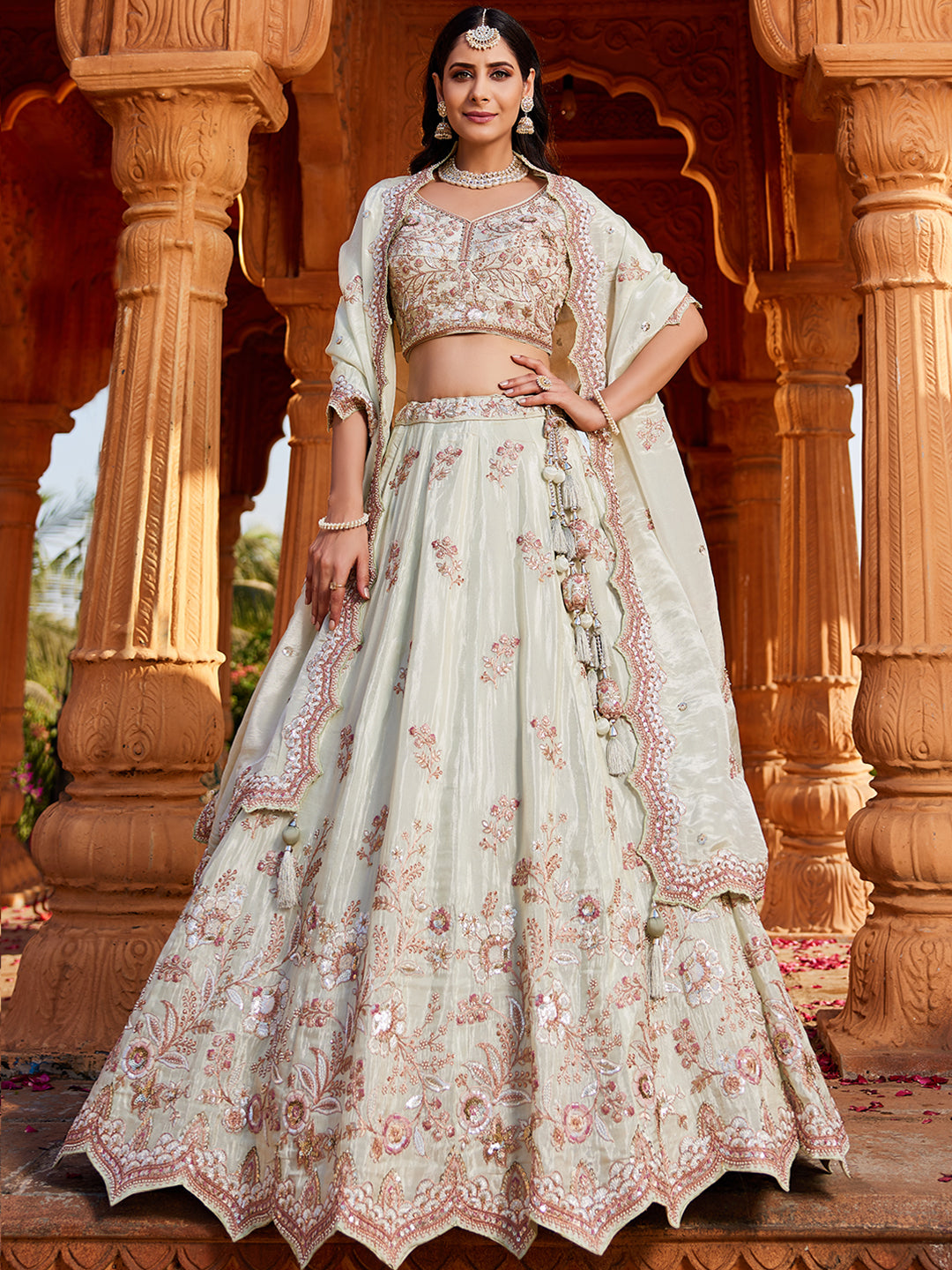 Women's Cream colour Tissue Sequinse embroidery Lehenga choli & Dupatta
