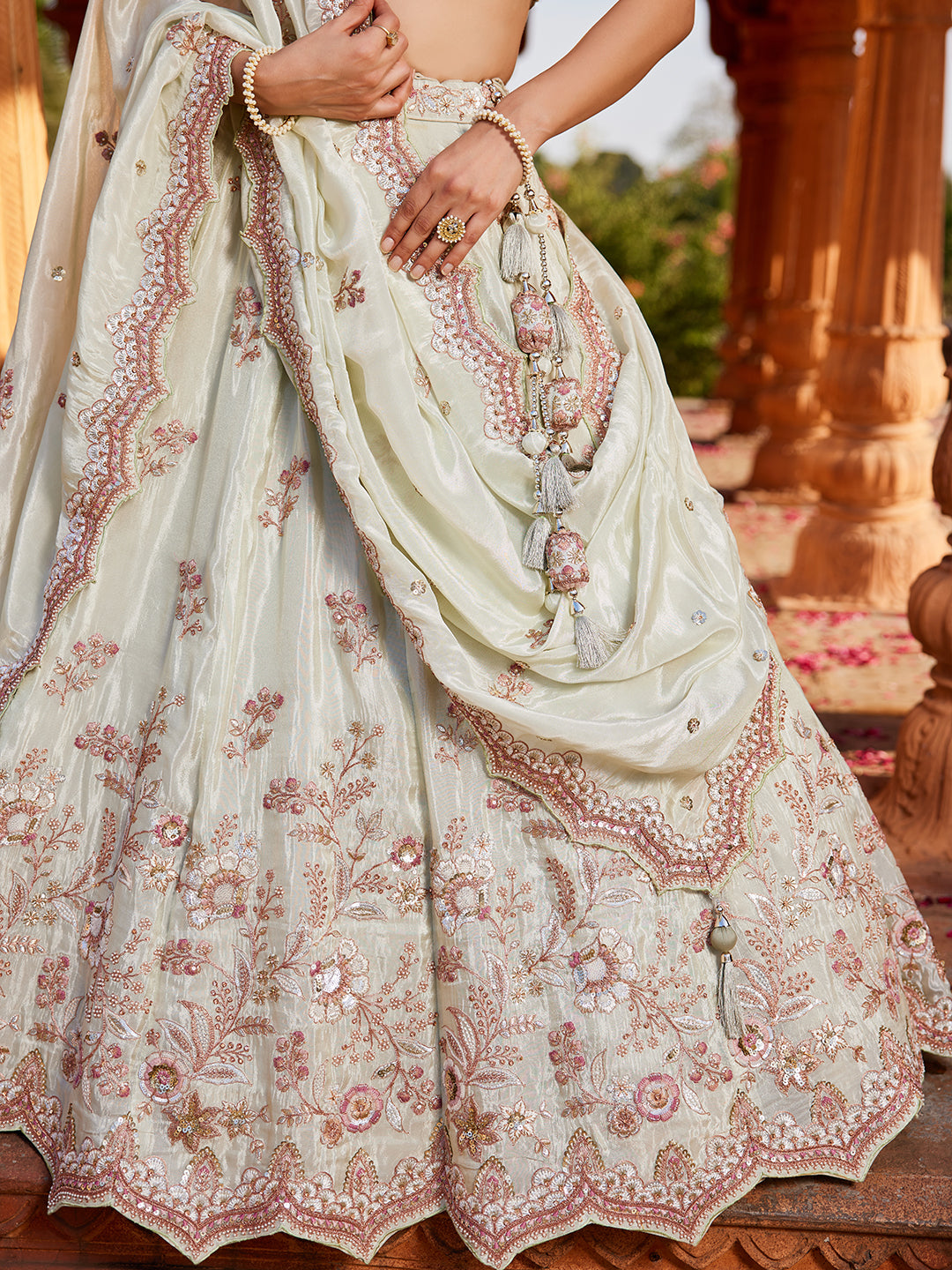 Women's Cream colour Tissue Sequinse embroidery Lehenga choli & Dupatta