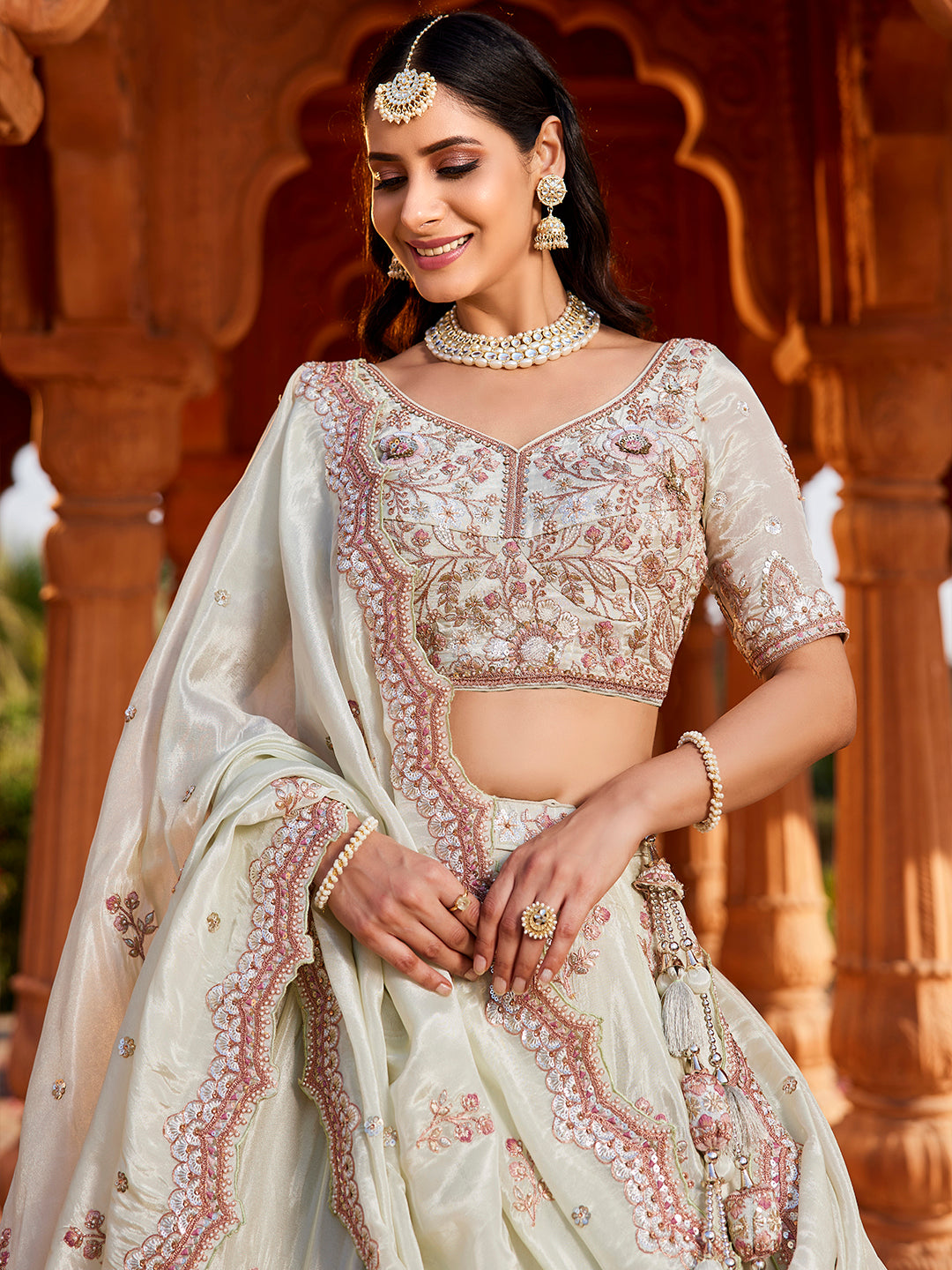 Women's Cream colour Tissue Sequinse embroidery Lehenga choli & Dupatta