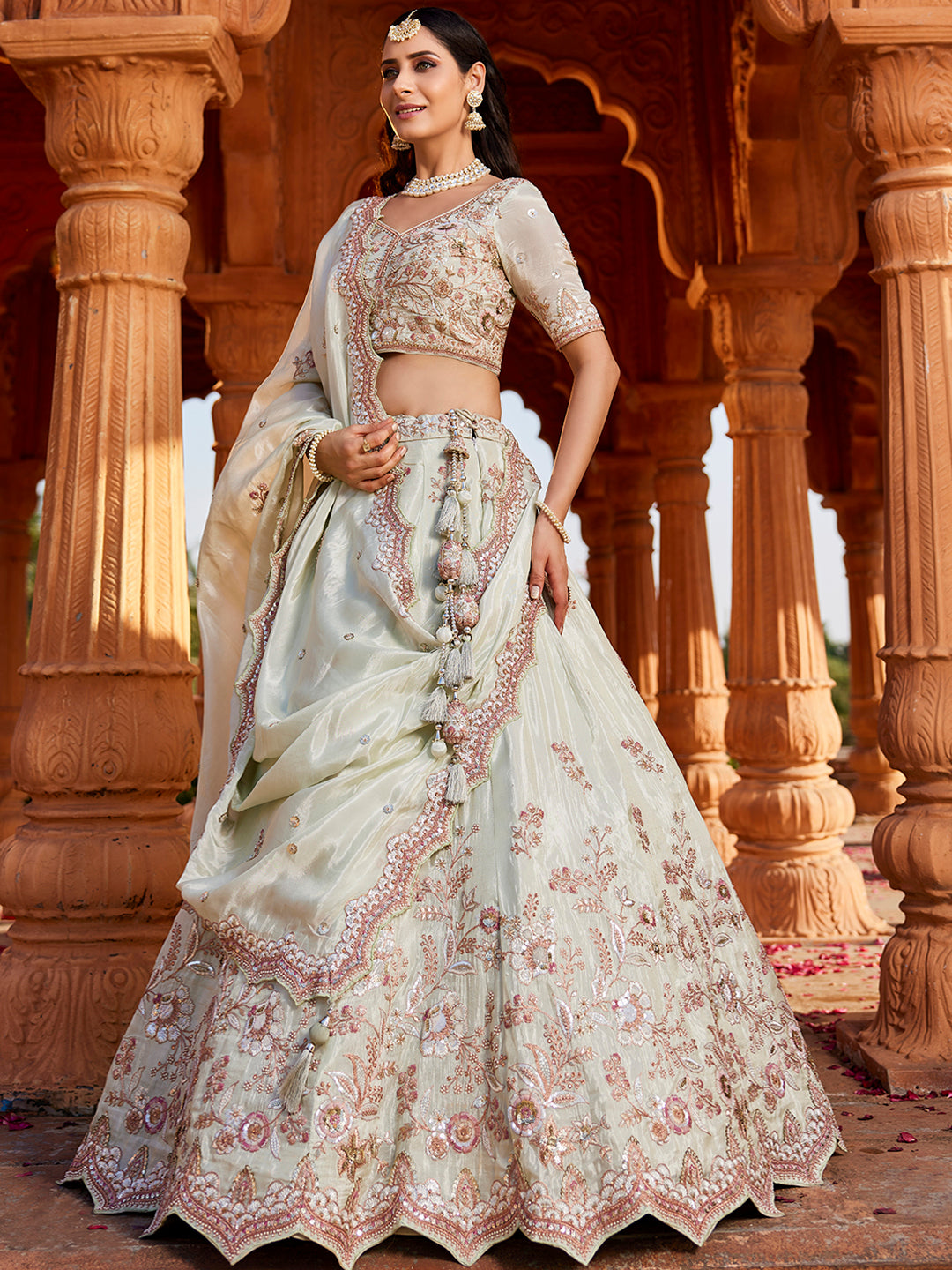 Women's Cream colour Tissue Sequinse embroidery Lehenga choli & Dupatta