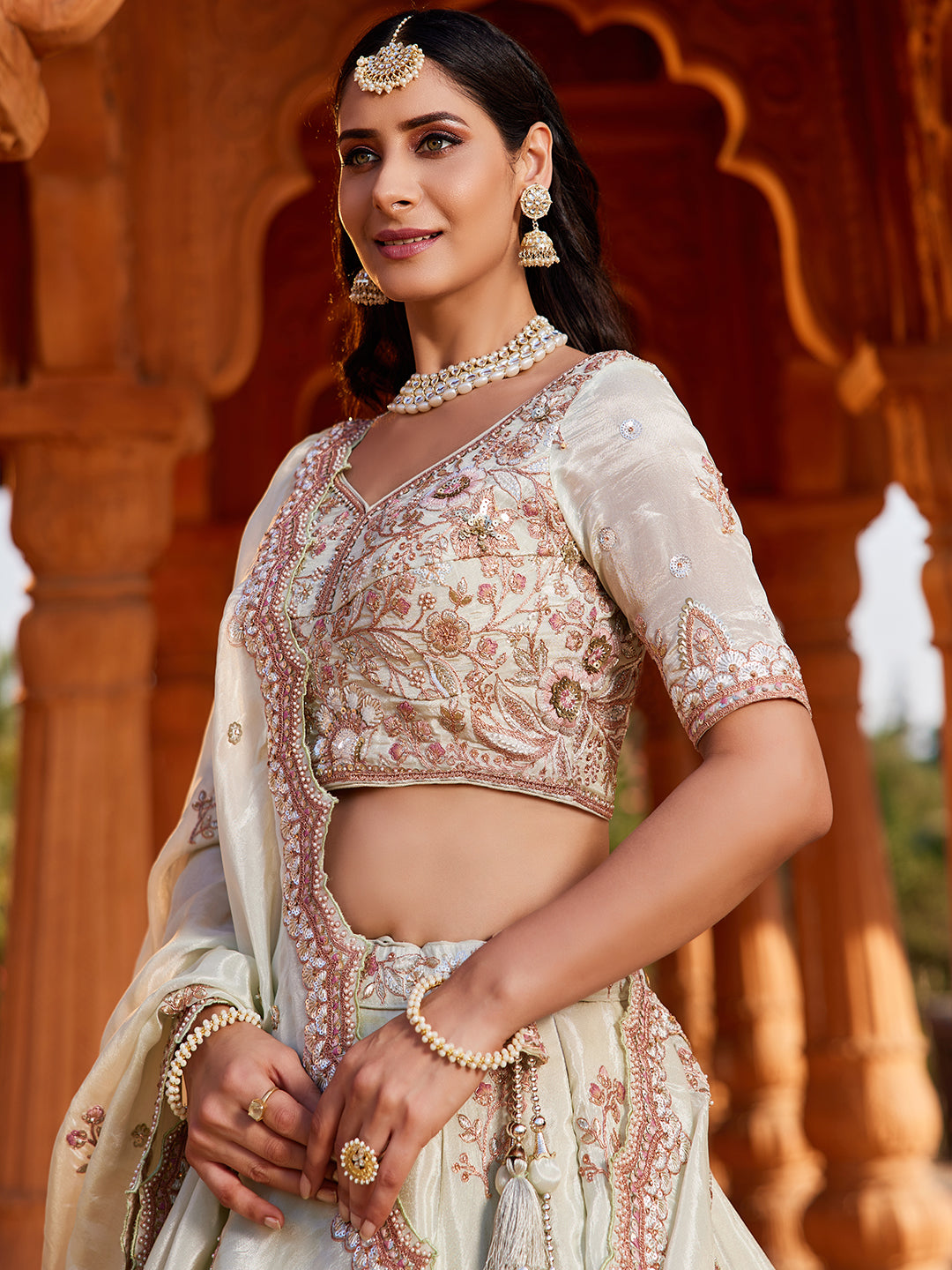 Women's Cream colour Tissue Sequinse embroidery Lehenga choli & Dupatta