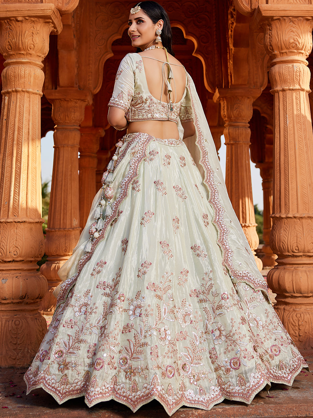 Women's Cream colour Tissue Sequinse embroidery Lehenga choli & Dupatta