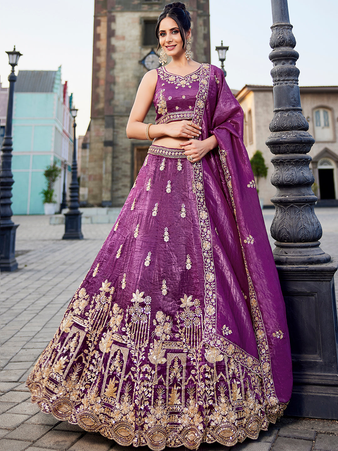 Women's Burgundy Tissue Handwork cutdana embroidery Lehenga choli & Dupatta