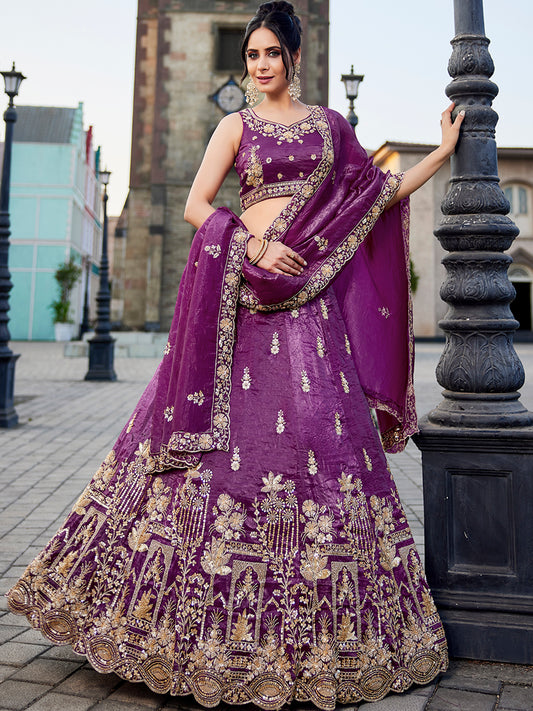 Women's Burgundy Tissue Handwork cutdana embroidery Lehenga choli & Dupatta