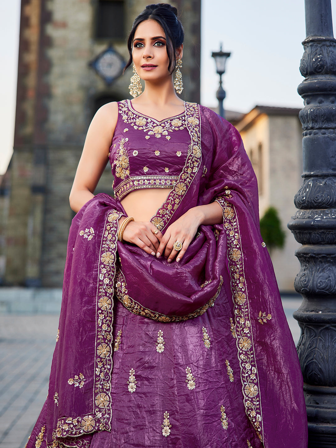 Women's Burgundy Tissue Handwork cutdana embroidery Lehenga choli & Dupatta