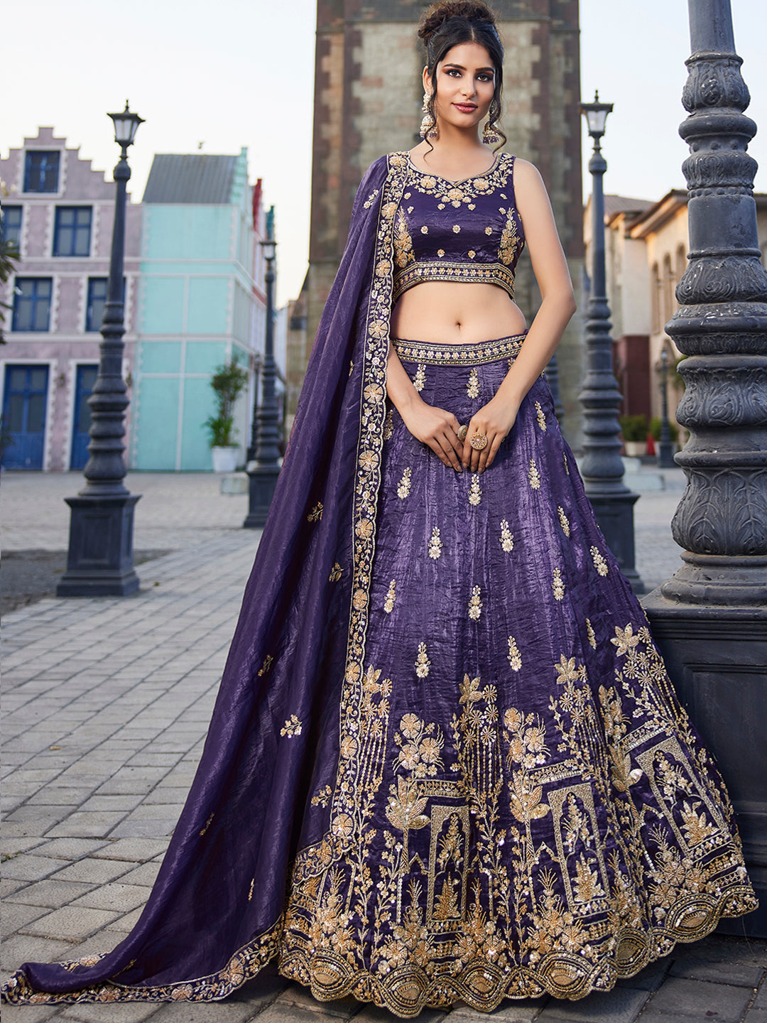 Women's Purple Tissue Handwork cutdana embroidery Lehenga choli & Dupatta