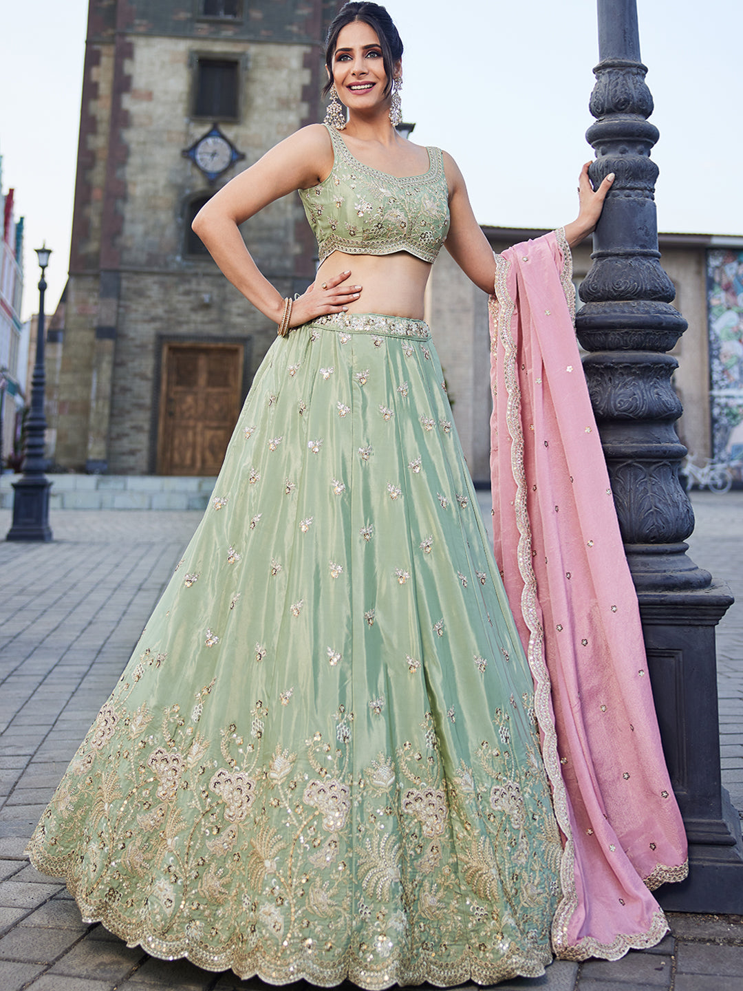 Women's Lime green Satin Silk Sequins embroidery Lehenga choli & Dupatta